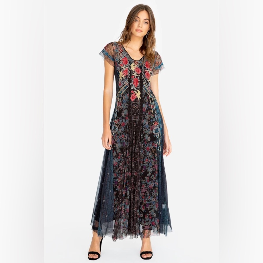 JOHNNY WAS Rhovi Floral Embroidery maxi dress sz M